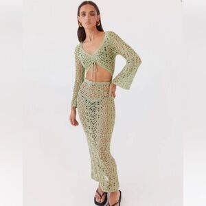 Peppermayo Seaside Soiree Crochet Maxi Dress - Light Olive